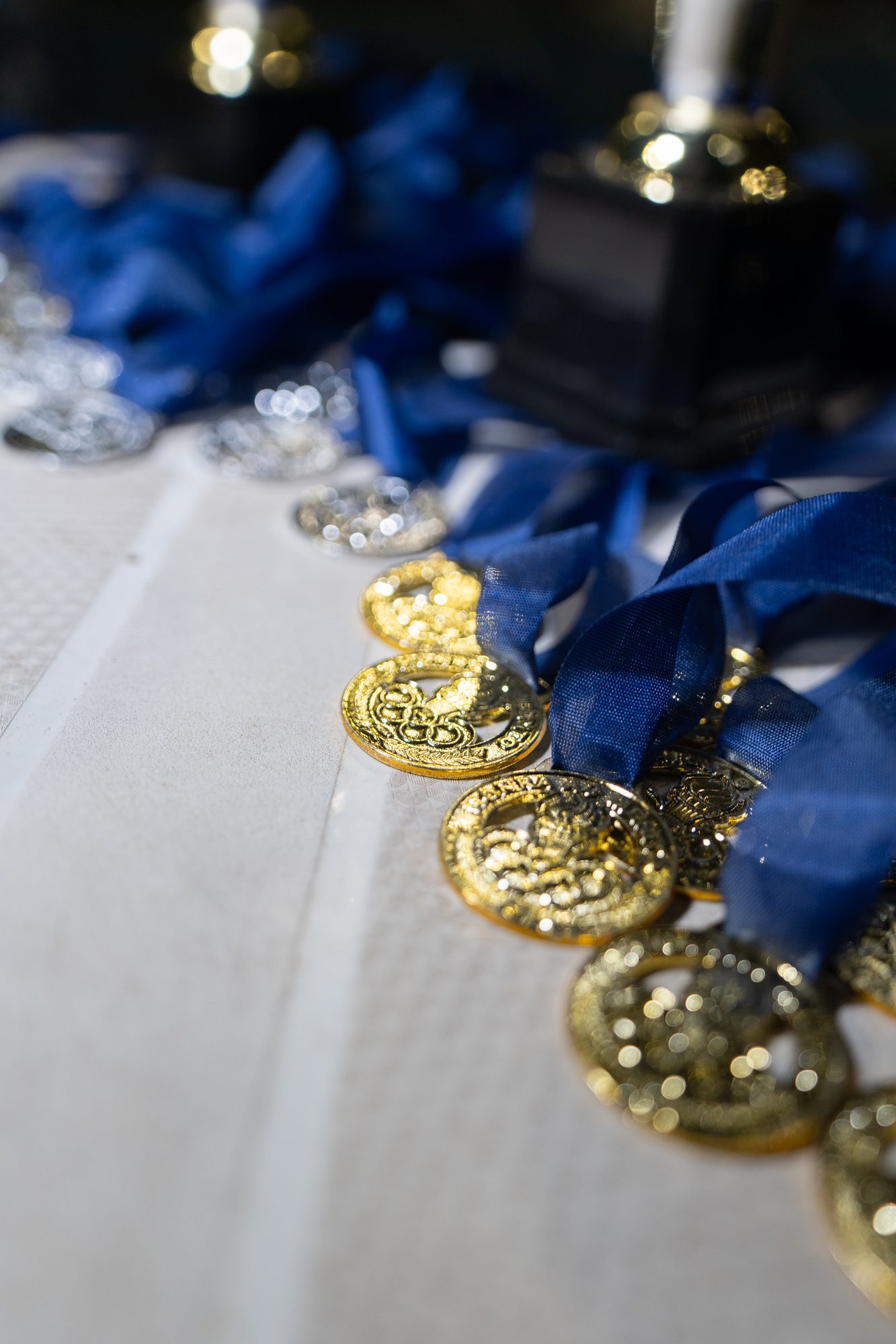 Medalhas douradas com fita azul, de perto