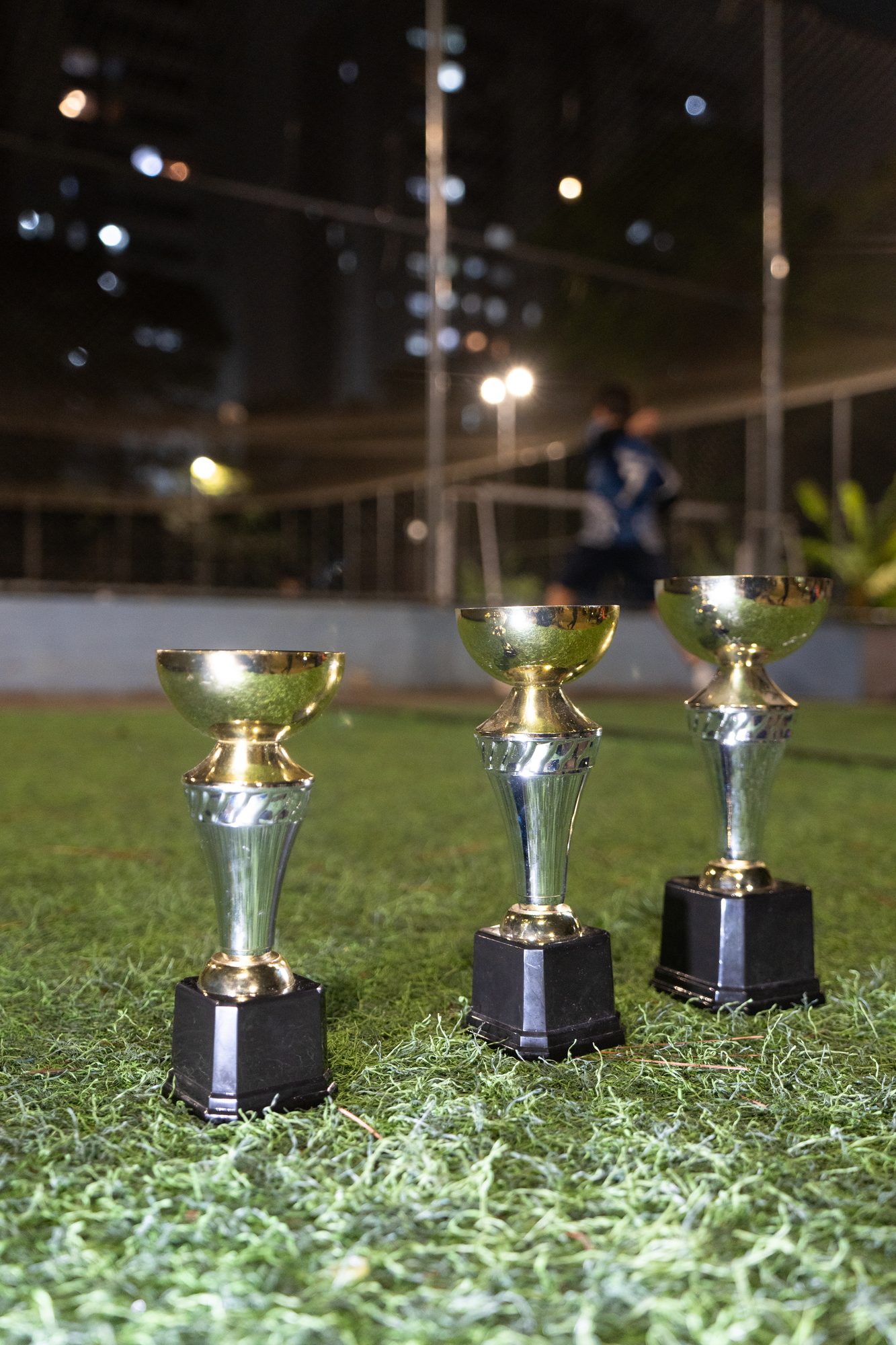 Três troféus alinhados na grama